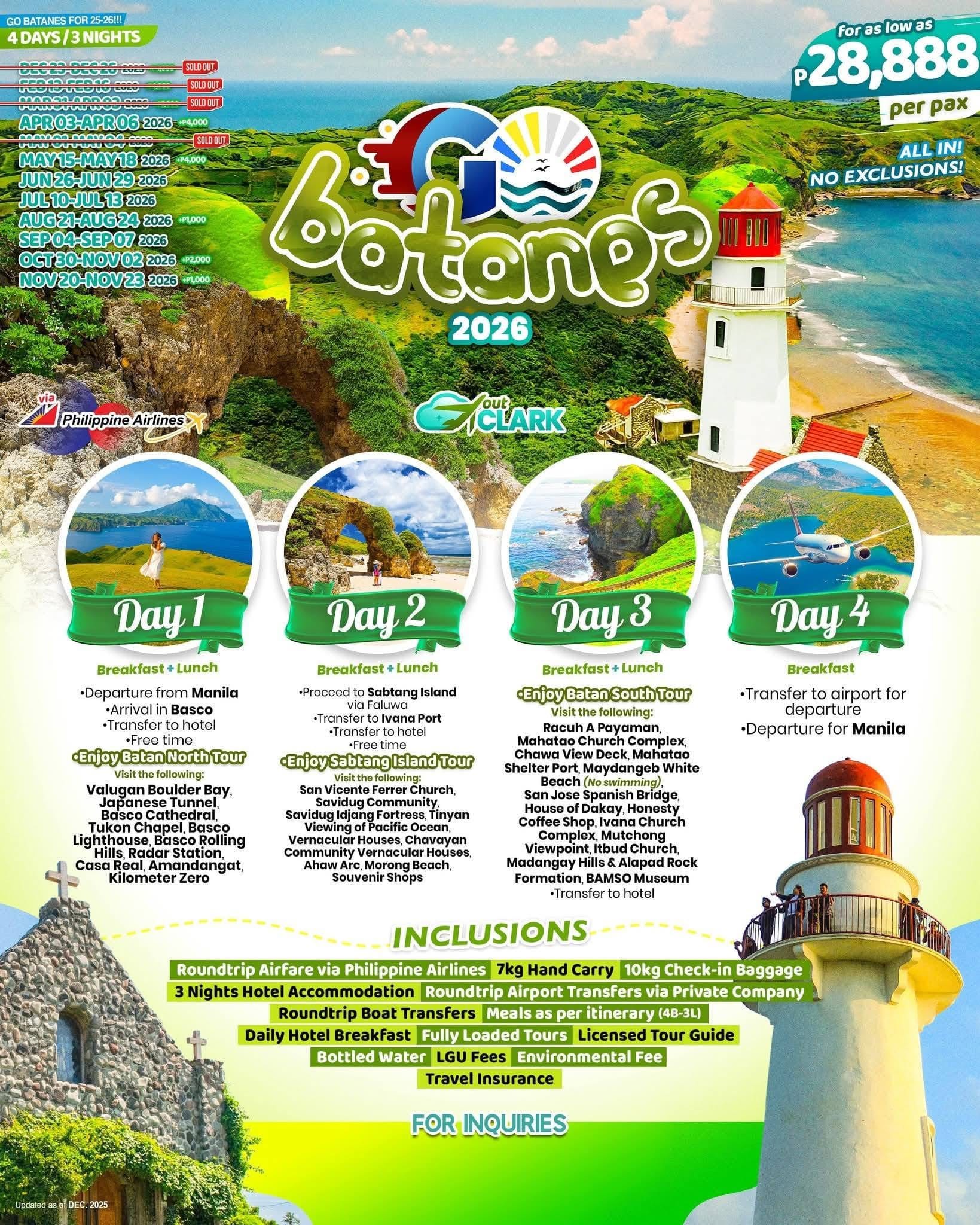 Batanes Tour 2026 - Go Batanes Out Clark promotional flyer with complete itinerary and pricing details