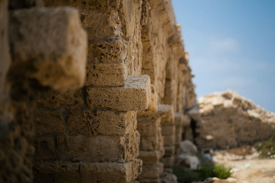 Ancient white stone synagogue ruins at Capernaum by the Sea of Galilee