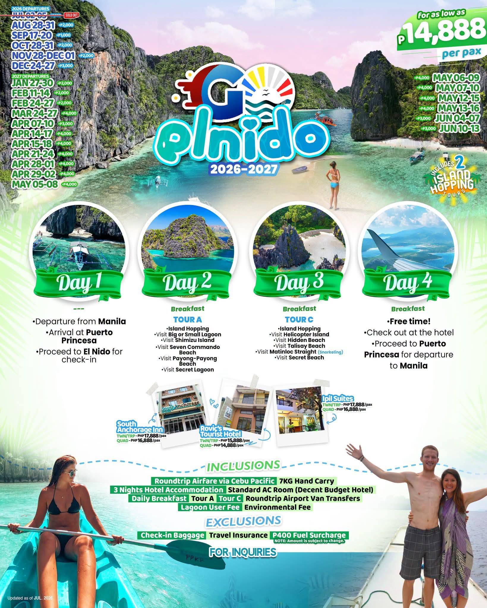 El Nido Tour Package 2026-2027 official flyer with complete itinerary and pricing details