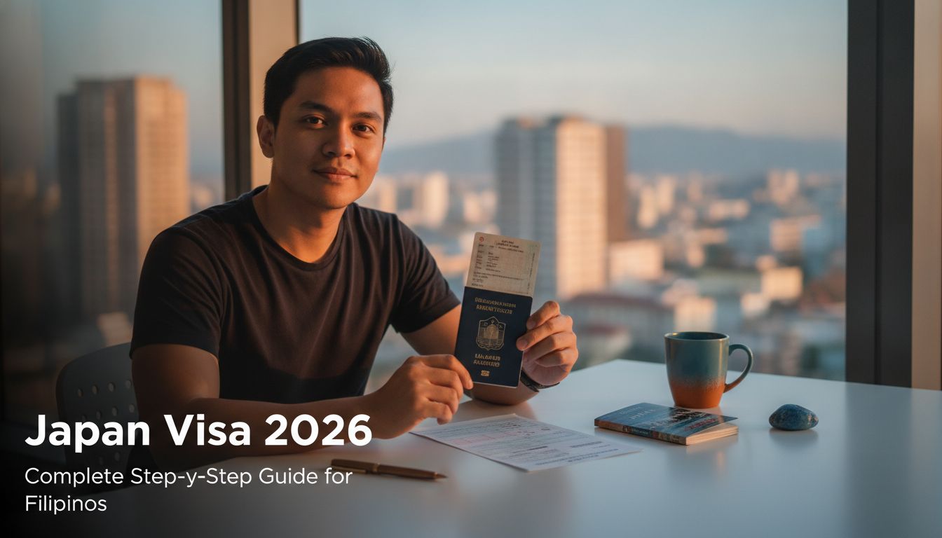 Filipino traveler preparing Japan visa application documents with 2026 step-by-step guide overlay