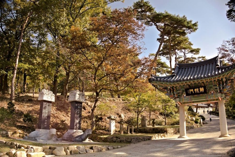 Ancient Bulguksa temple in Gyeongju surrounded by autumn foliage