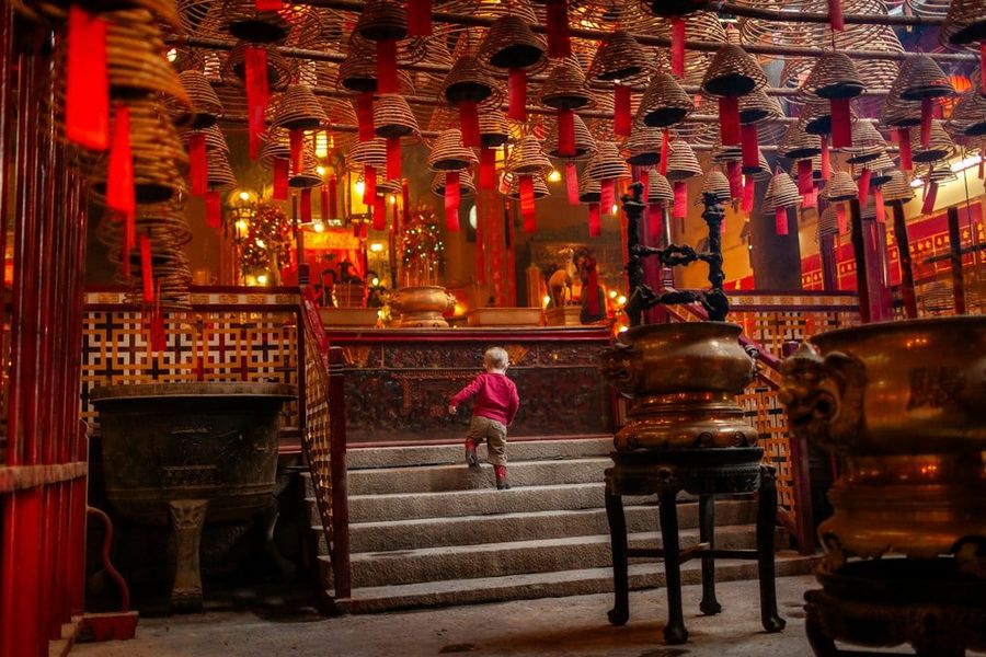 Incense coils hanging from the ceiling inside Hong Kong Man Mo Temple