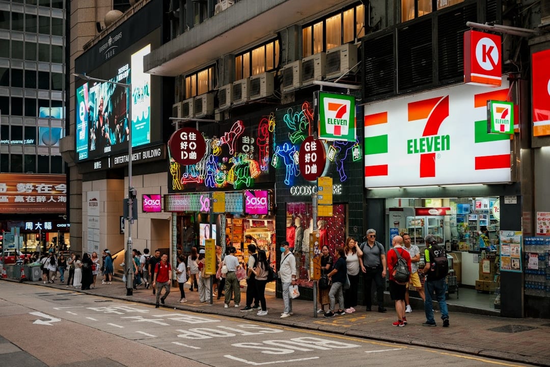 Hong Kong Temple Street Night Market with neon signs and stalls