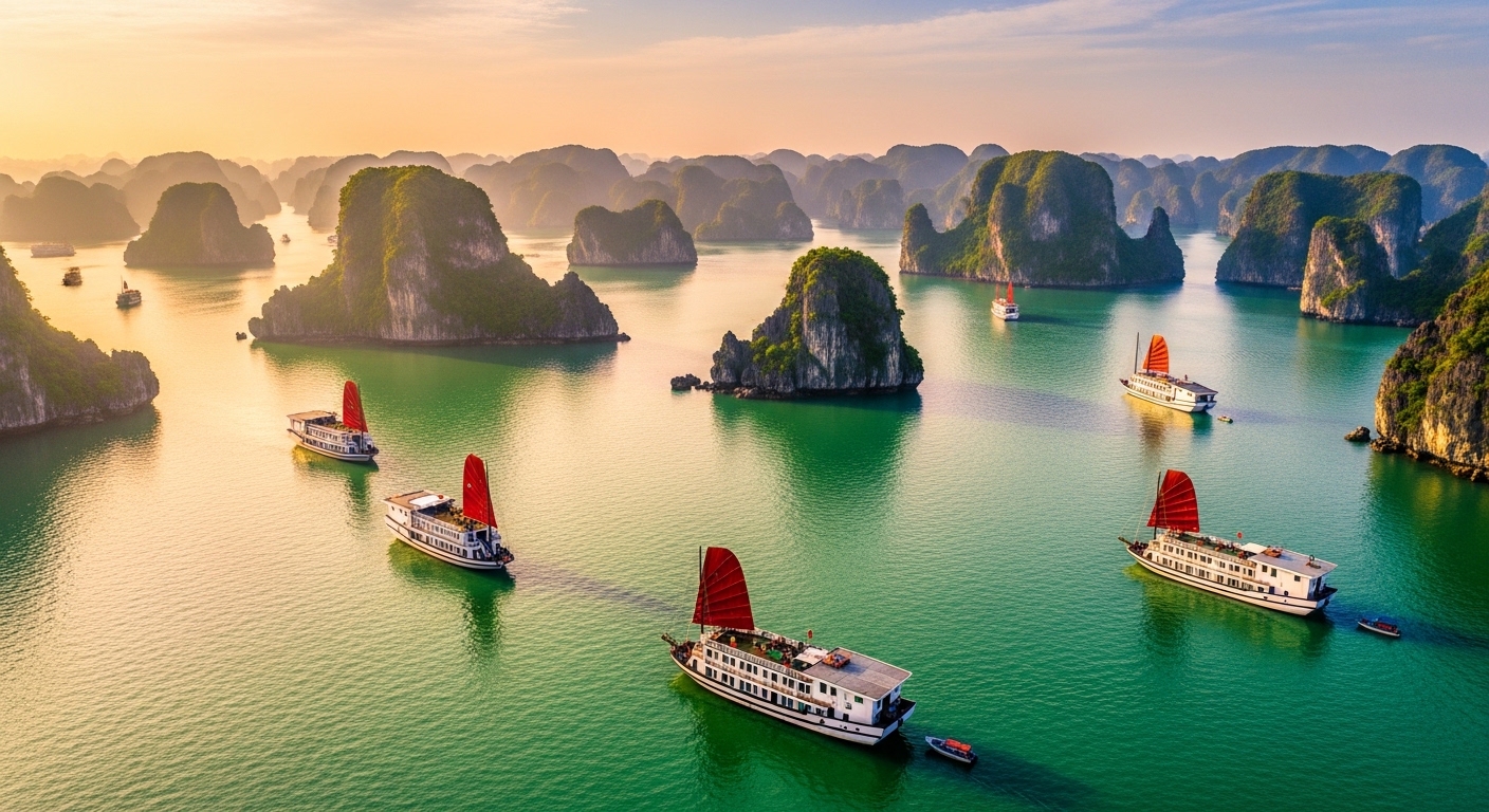 Aerial view of Halong Bay Vietnam, limestone islands rising from emerald waters with traditional wooden boats
