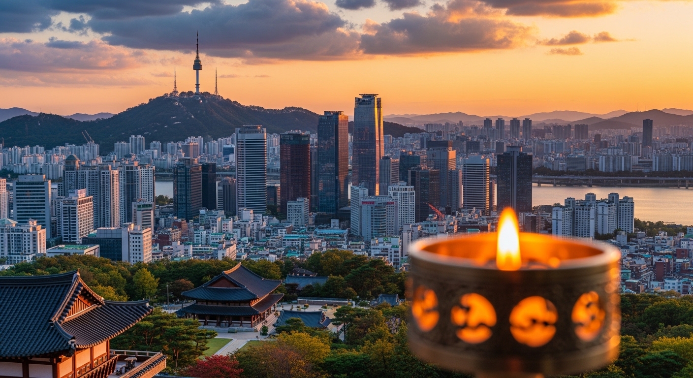 Seoul skyline with N Seoul Tower at sunset