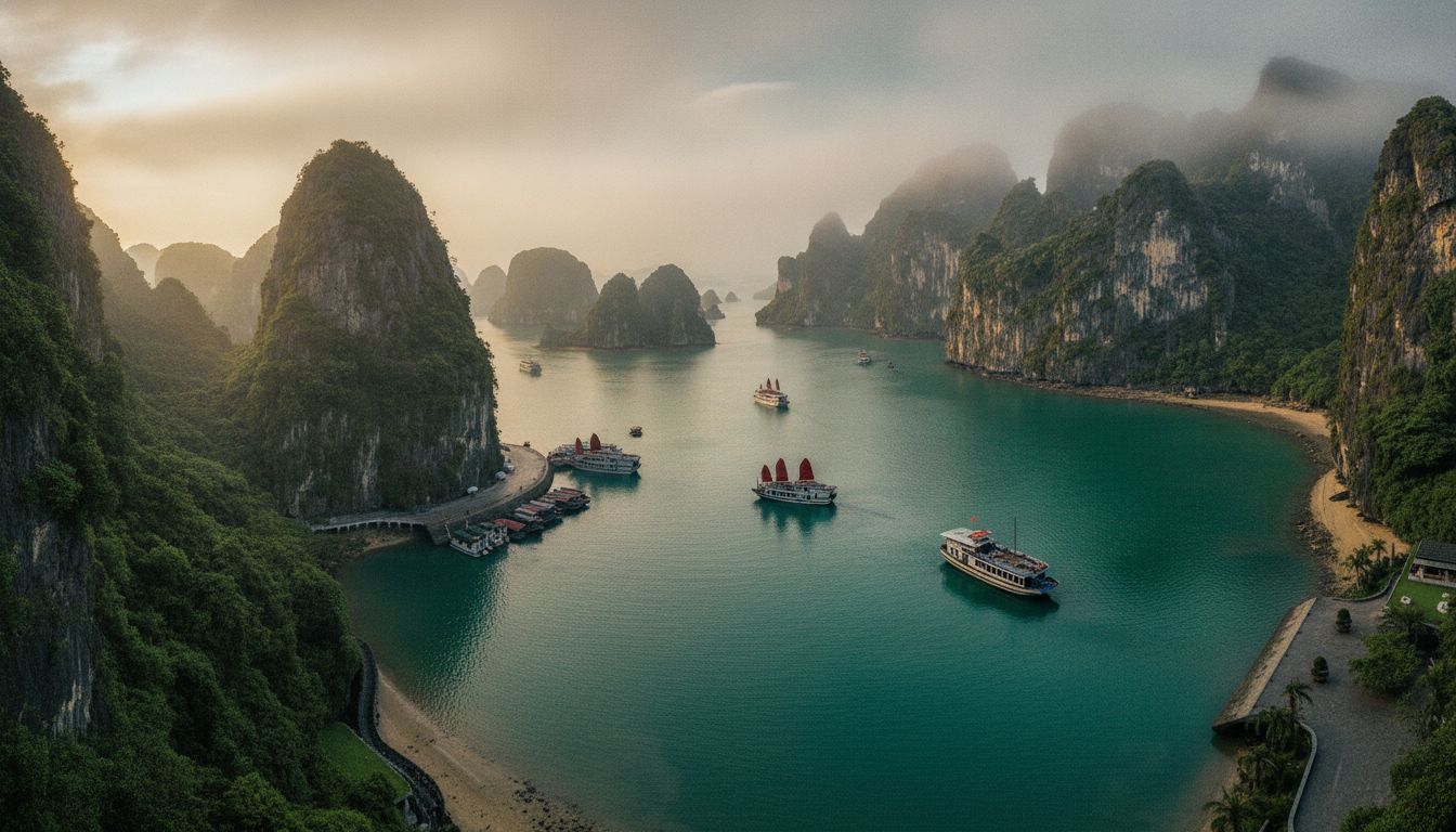 Traditional boats sailing through the emerald waters of Ha Long Bay, Vietnam