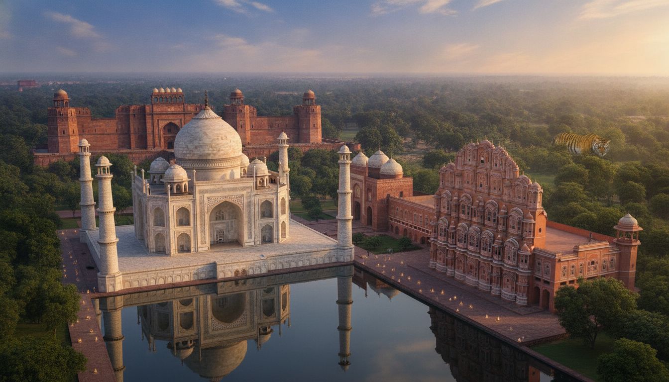 India Golden Triangle landmarks including Taj Mahal, Hawa Mahal, and Agra Fort