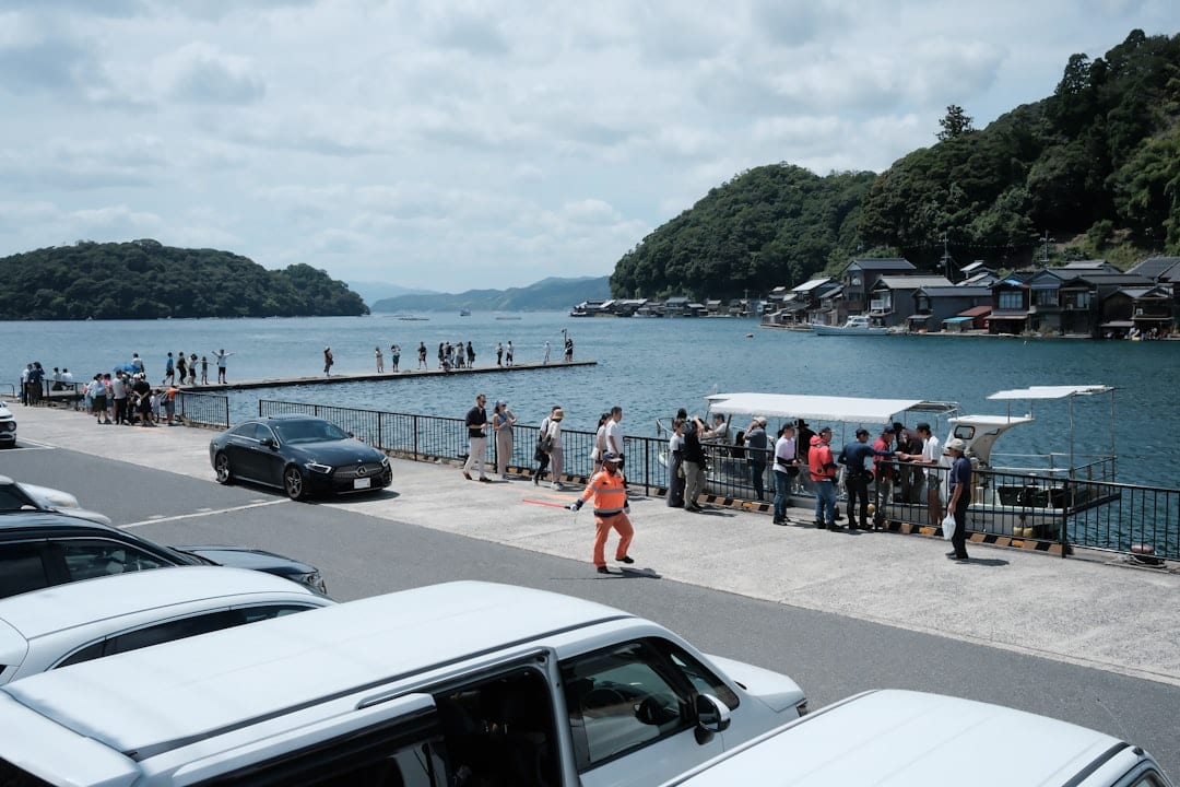 Cruise ship arriving at a Japanese port with coastal scenery