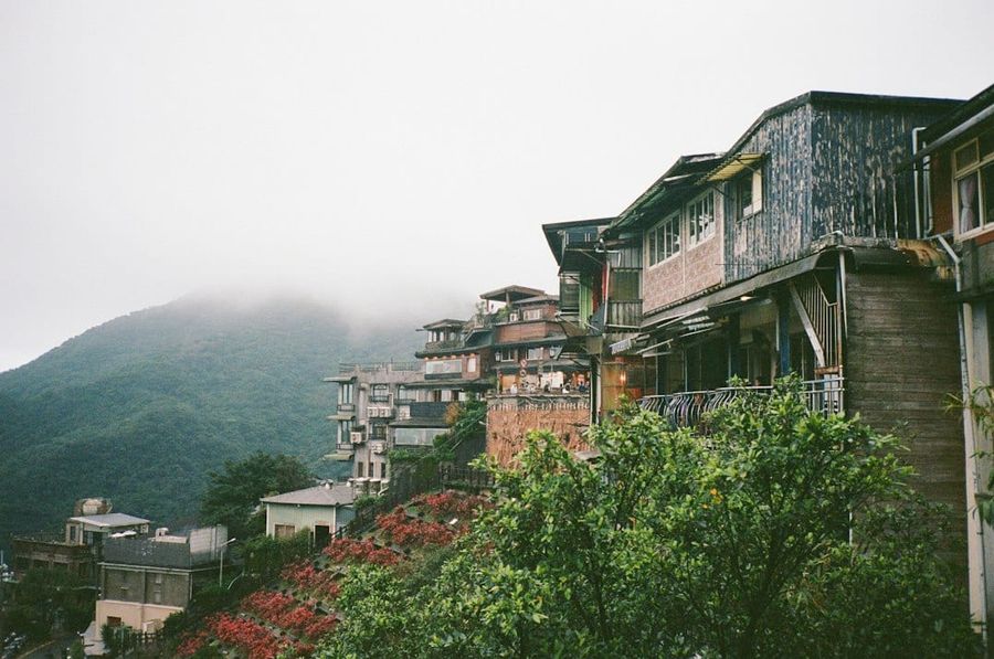 Jiufen mountain village with traditional tea houses and red lanterns
