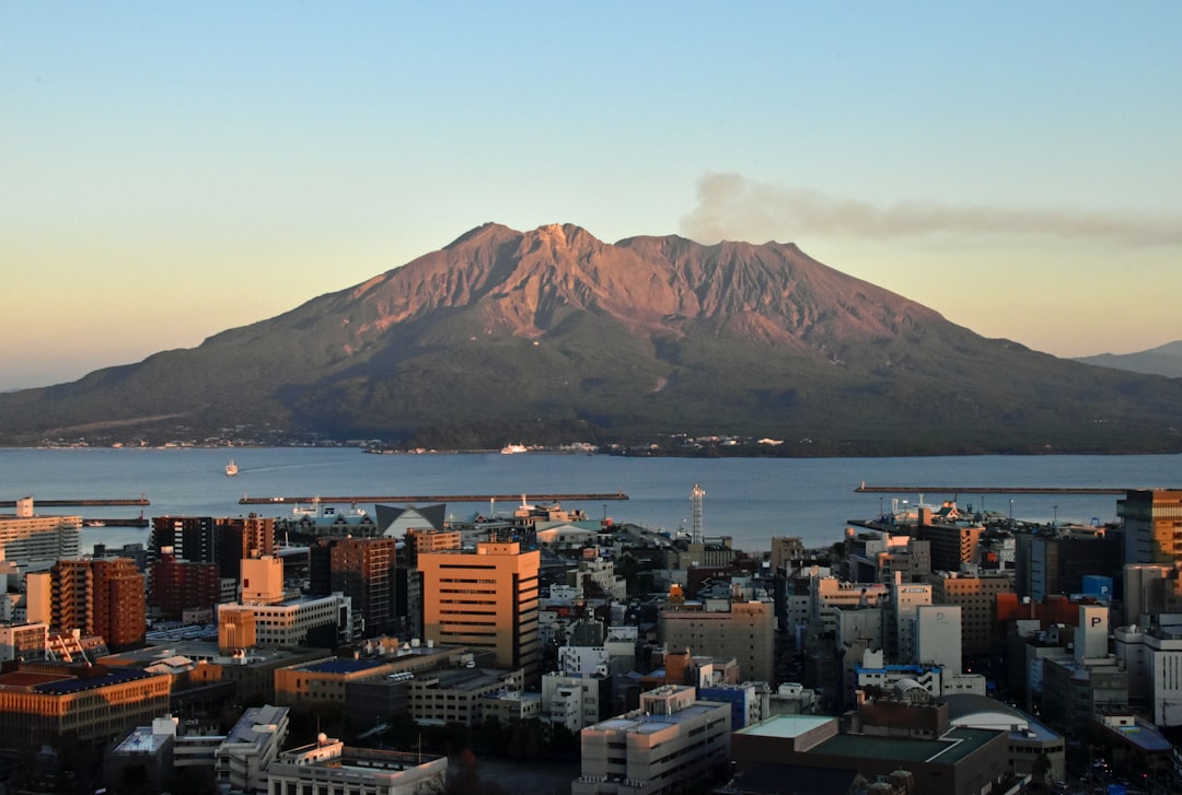 Kagoshima Japan with Sakurajima volcano across the bay