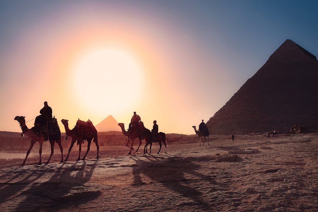 Great Pyramids of Giza in Egypt with camel caravan at sunset