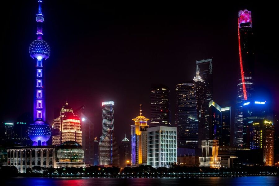 Shanghai Pudong skyline with Oriental Pearl Tower and modern skyscrapers along the Huangpu River