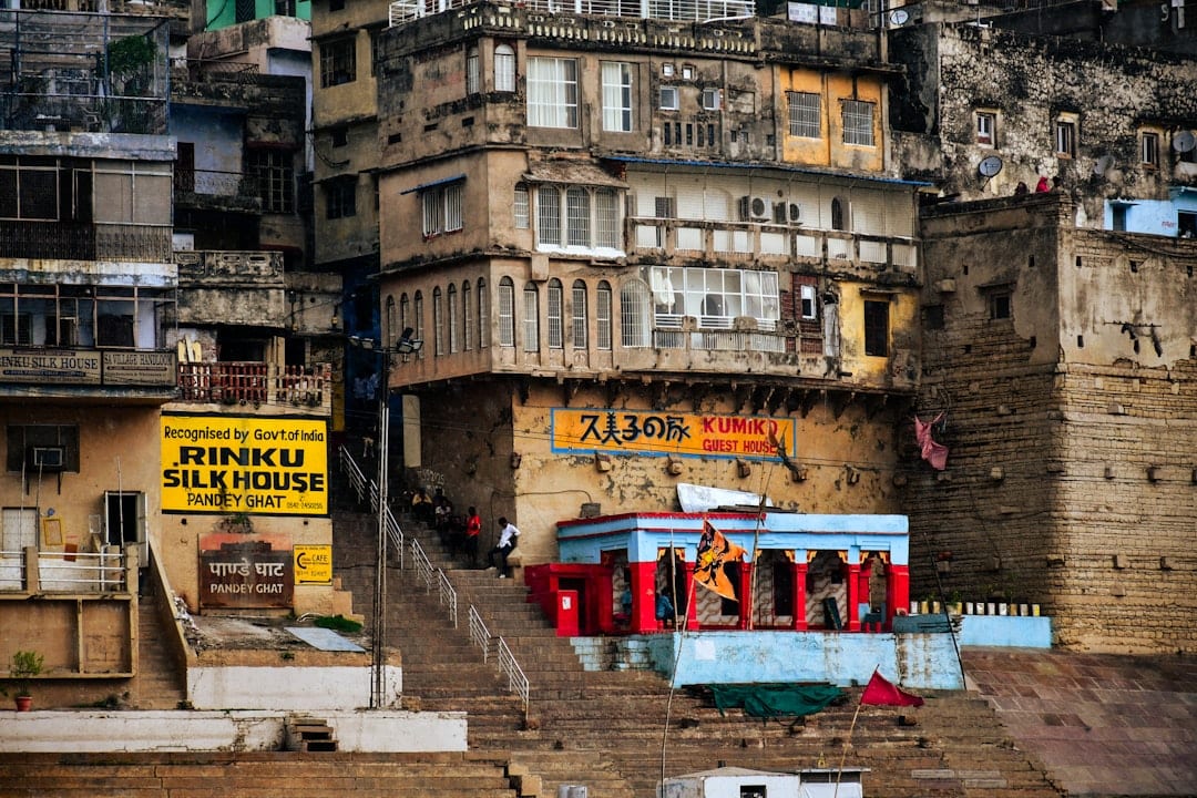 Buildings line a ghat in varanasi, india