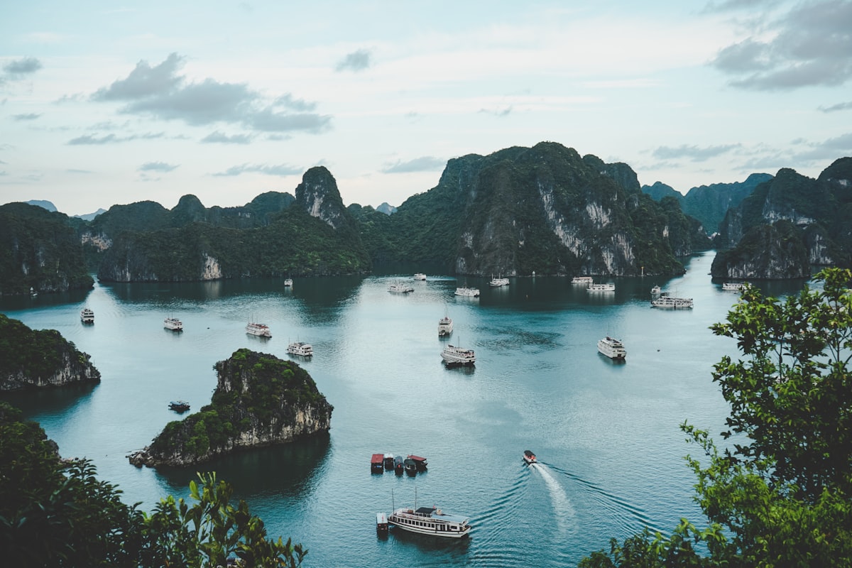 Halong Bay Vietnam limestone islands and cruise boats
